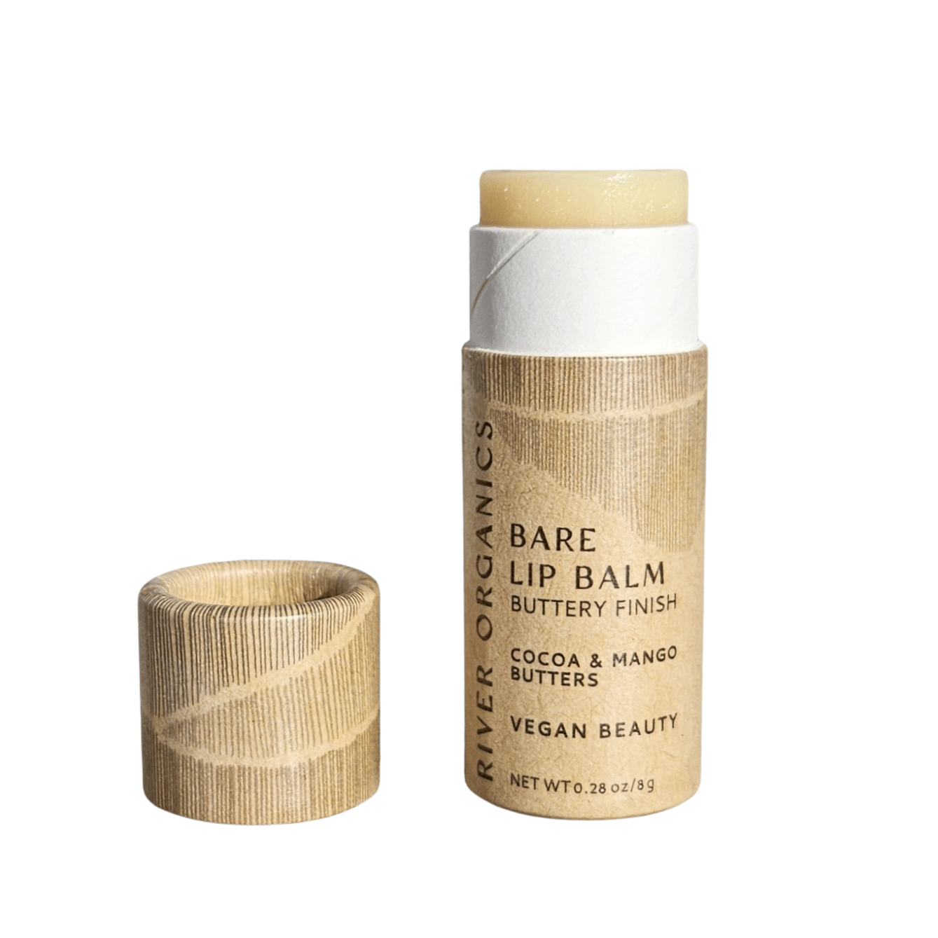 A tube of River Organics Bare Lip Balm Bundles with the cap off reveals the balm stick. Eco-friendly packaging highlights cocoa and mango butters, vegan benefits, and a 0.28 oz net weight.
