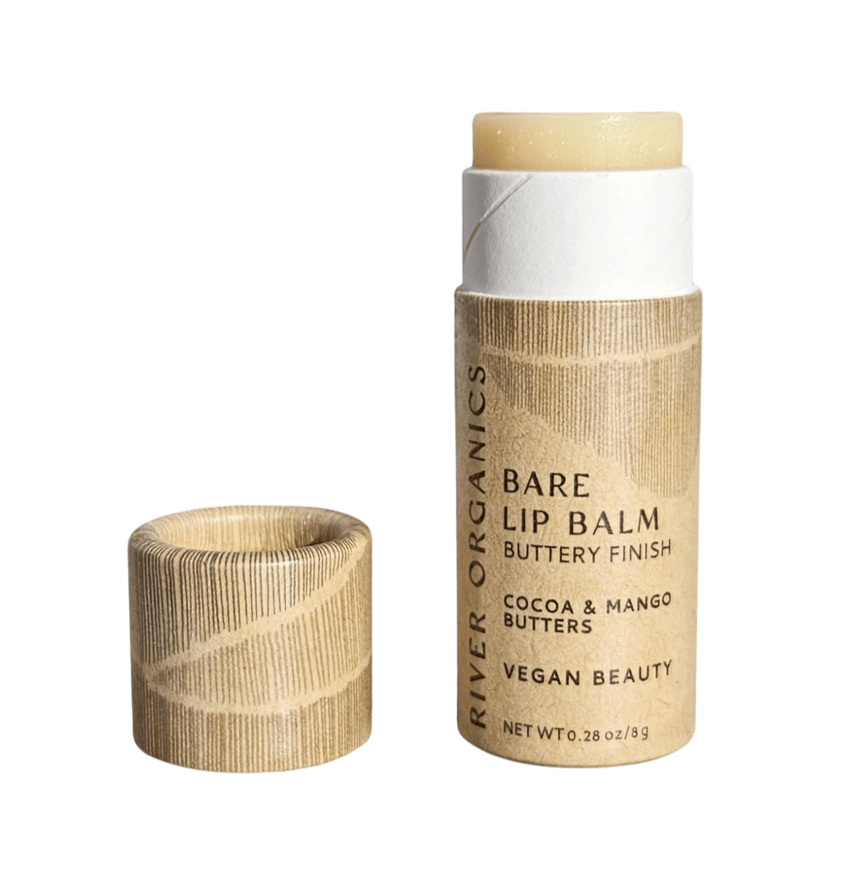 The River Organics Brow Wax + Blush + Lip Balm Bundle includes a Bare Lip Balm with a buttery finish, made with cocoa and mango butters—perfect to use alongside your favorite blush stick.