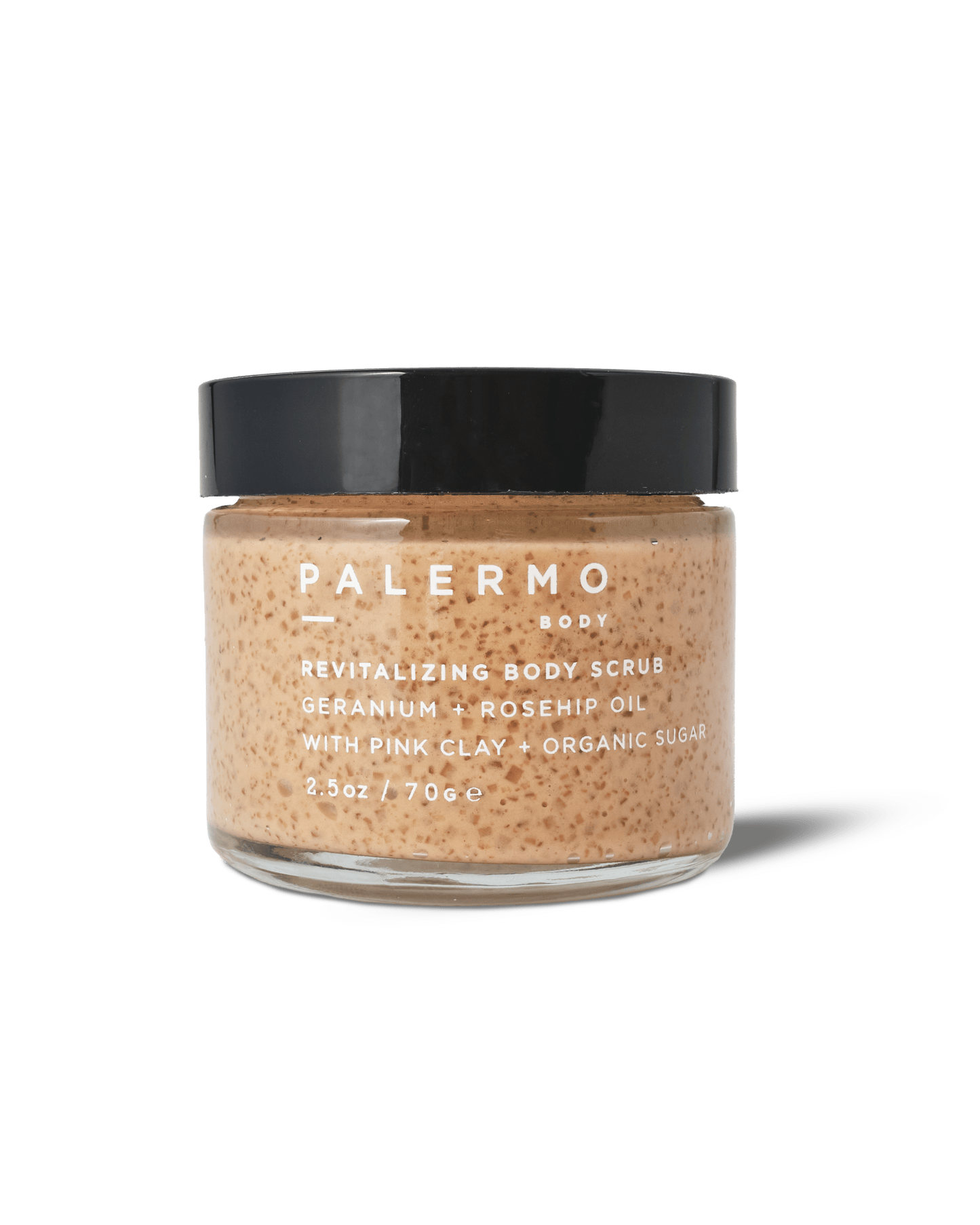 A 2.5oz (70g) glass jar of Palermo Body Revitalizing Body Scrub with a black lid, featuring aromatherapeutic exfoliation with geranium, rosehip oil, French pink clay, and organic sugar.