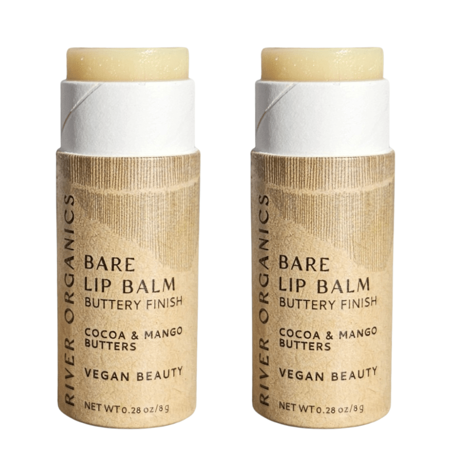 Set of 2 River Organics Lip Balms with a hydrating, buttery finish, enriched with cocoa and mango butters. Open tubes display the balm; labeled as vegan beauty products.