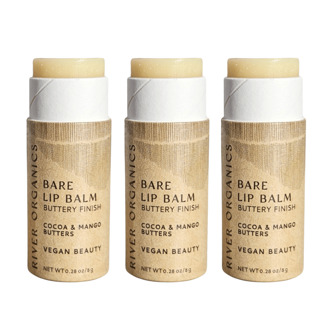 Get three tubes of River Organics Bare Lip Balm Bundles, vegan lip care with cocoa and mango butters. Enjoy a buttery finish and eco-friendly, zero-waste design for a natural beauty routine.