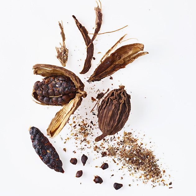 River Organics’ Solin: Cardamom + Grapefruit Botanical Scent Balm features dried black cardamom pods, seeds, and ground spice—spread on a white background—ready to lend their smoky aroma to this unique botanical blend.