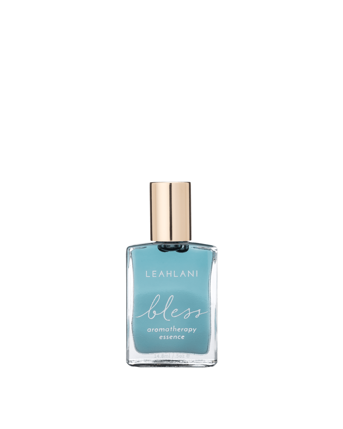 A clear glass bottle of LEAHLANI Bless Aromatherapy Essence, filled with blue liquid and topped with a gold cap, evokes Hawaiian spirit and tropical fragrance, set against a plain white background.