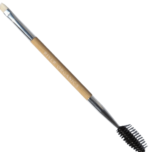 River Organics Eye Duo Set: Brow Wax + Mascara includes a dual-ended, zero-waste vegan makeup brush with a spoolie on one end and an angled brush on the other, featuring a wooden handle labeled "RIVER ORGANICS.