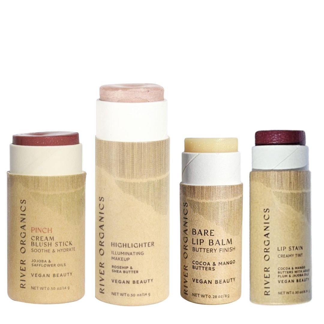 River Organics offers the Makeup Color Set by Tone with blush, highlighter, and two lip products—each in eco-friendly tubes and all vegan beauty essentials.