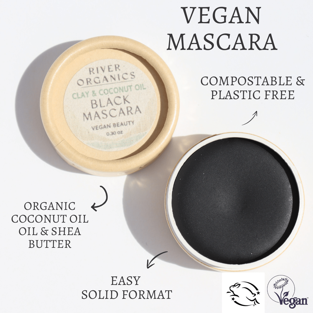 An open container of River Organics Black Vegan Zero-Waste Mascara in solid form displays labels: "Vegan Mascara," "compostable & plastic free," "organic coconut oil & shea butter," plus the Vegan certified logo.