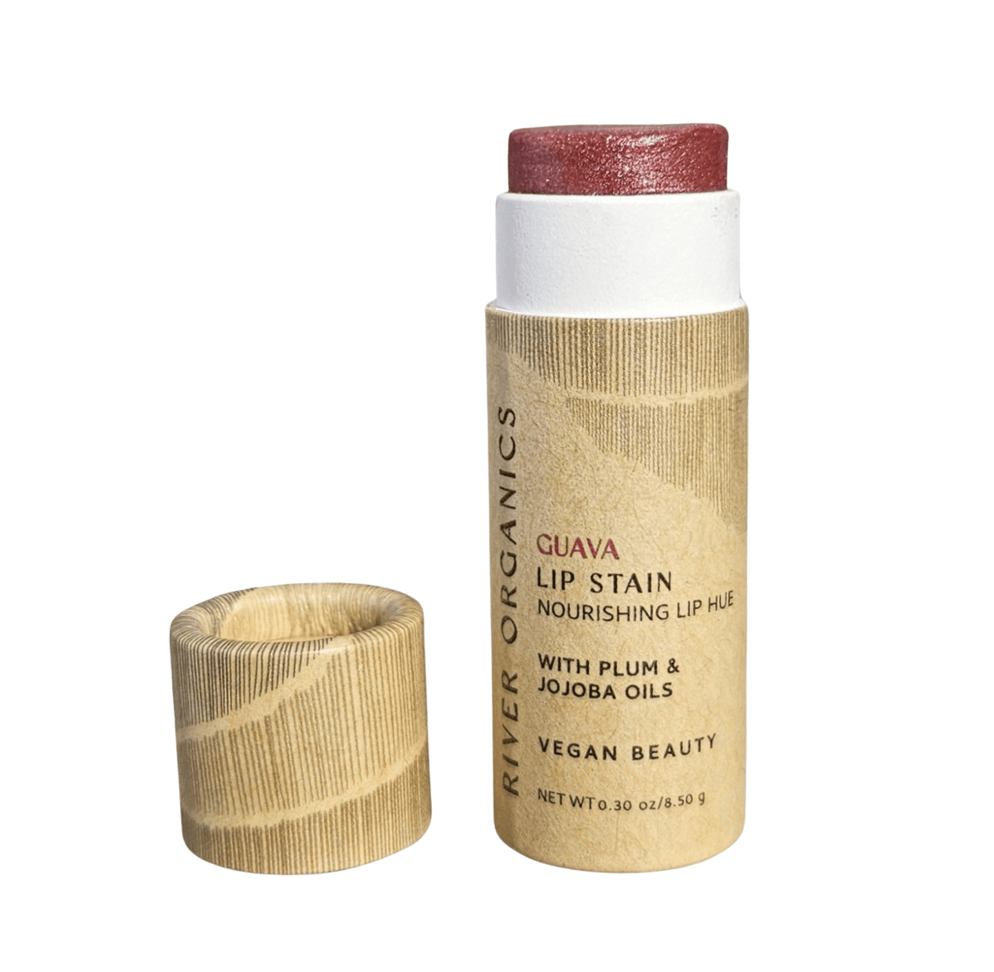 River Organics Vegan Lip Stains, shown uncapped, offer eco-friendly, plastic-free packaging. Infused with nourishing plum and jojoba oils, this natural, long-lasting lip color delivers a soft reddish-pink shade.