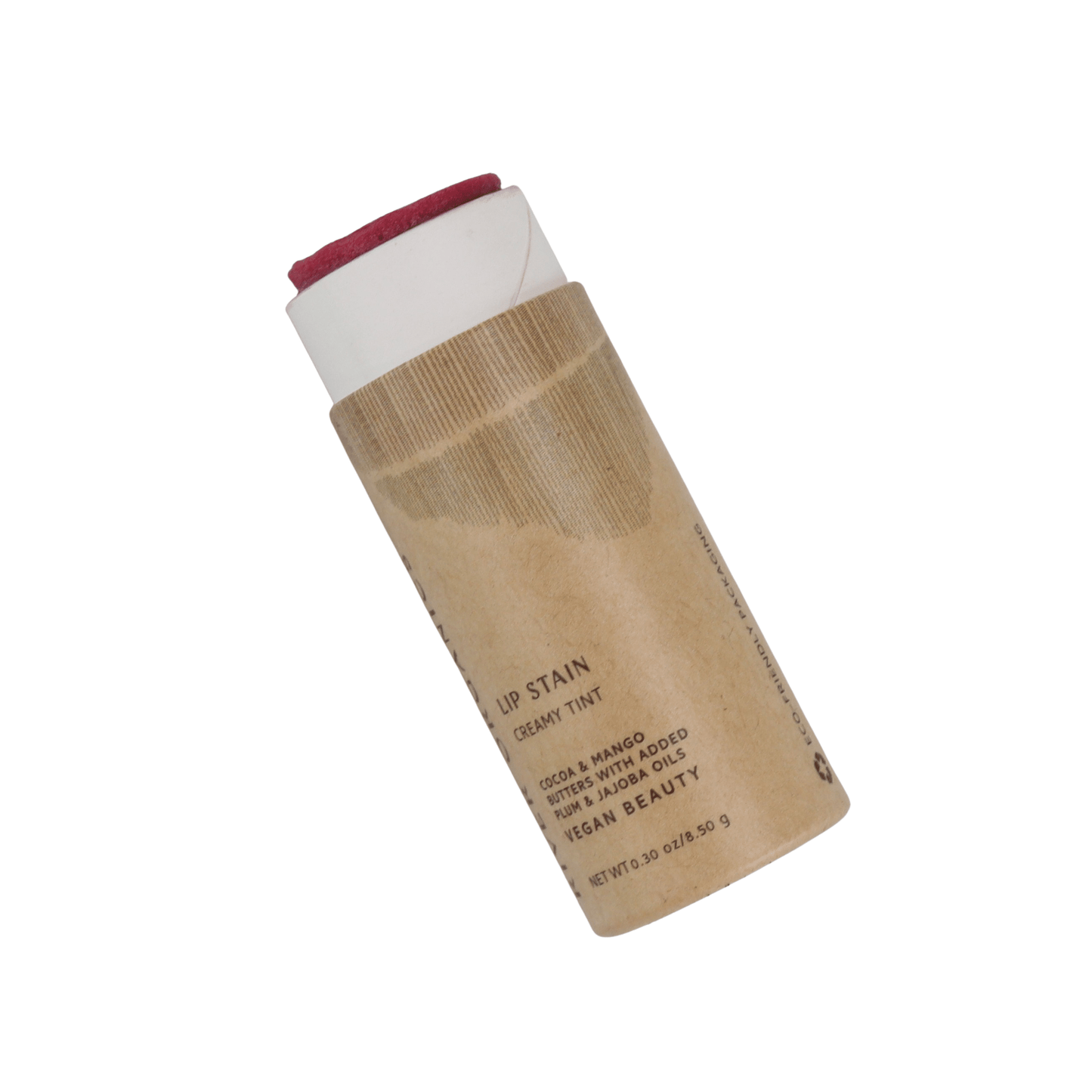 A cardboard tube of River Organics Vegan Lip Stains with exposed pink product. The label reads "Lip Stain, Creamy Tint," and highlights its vegan formula with mango butter and jojoba oil for a sustainable beauty routine.
