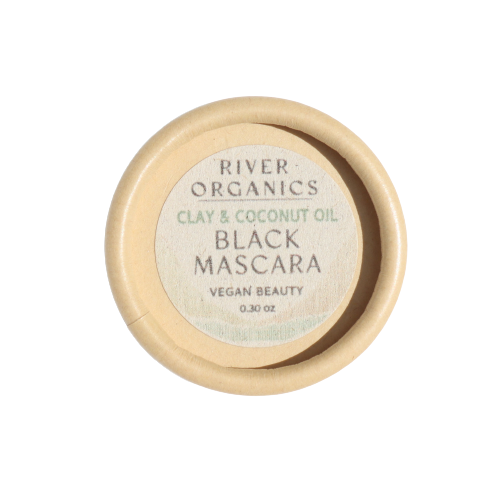 A 0.30 oz round container of River Organics Black Vegan Zero-Waste Mascara, labeled as organic and eco-friendly, with a natural look.