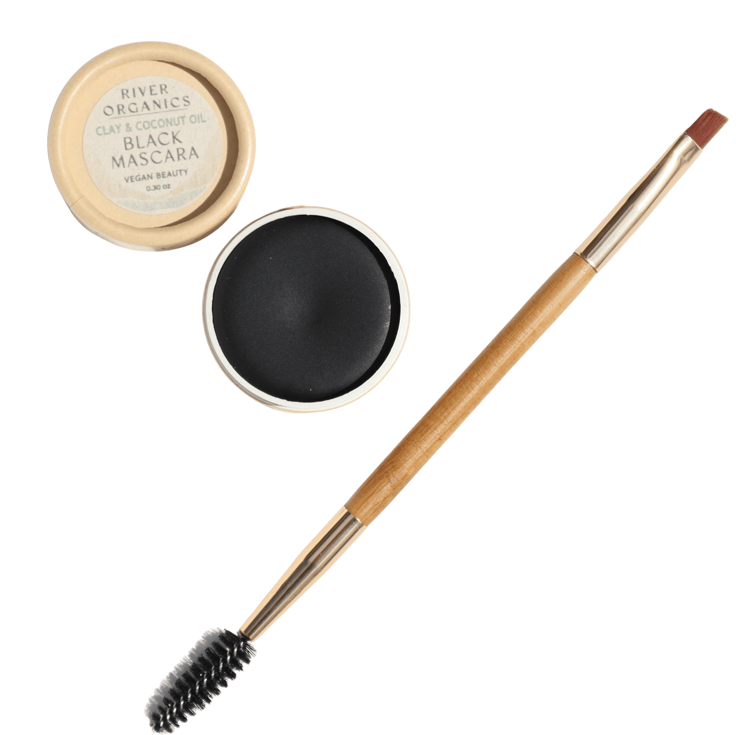 A round container of River Organics Eye Duo Set: Brow Wax + Mascara sits open, revealing solid black mascara. Beside it is a dual-ended brush with spoolie and angled tip—essential zero-waste vegan eye tools.
