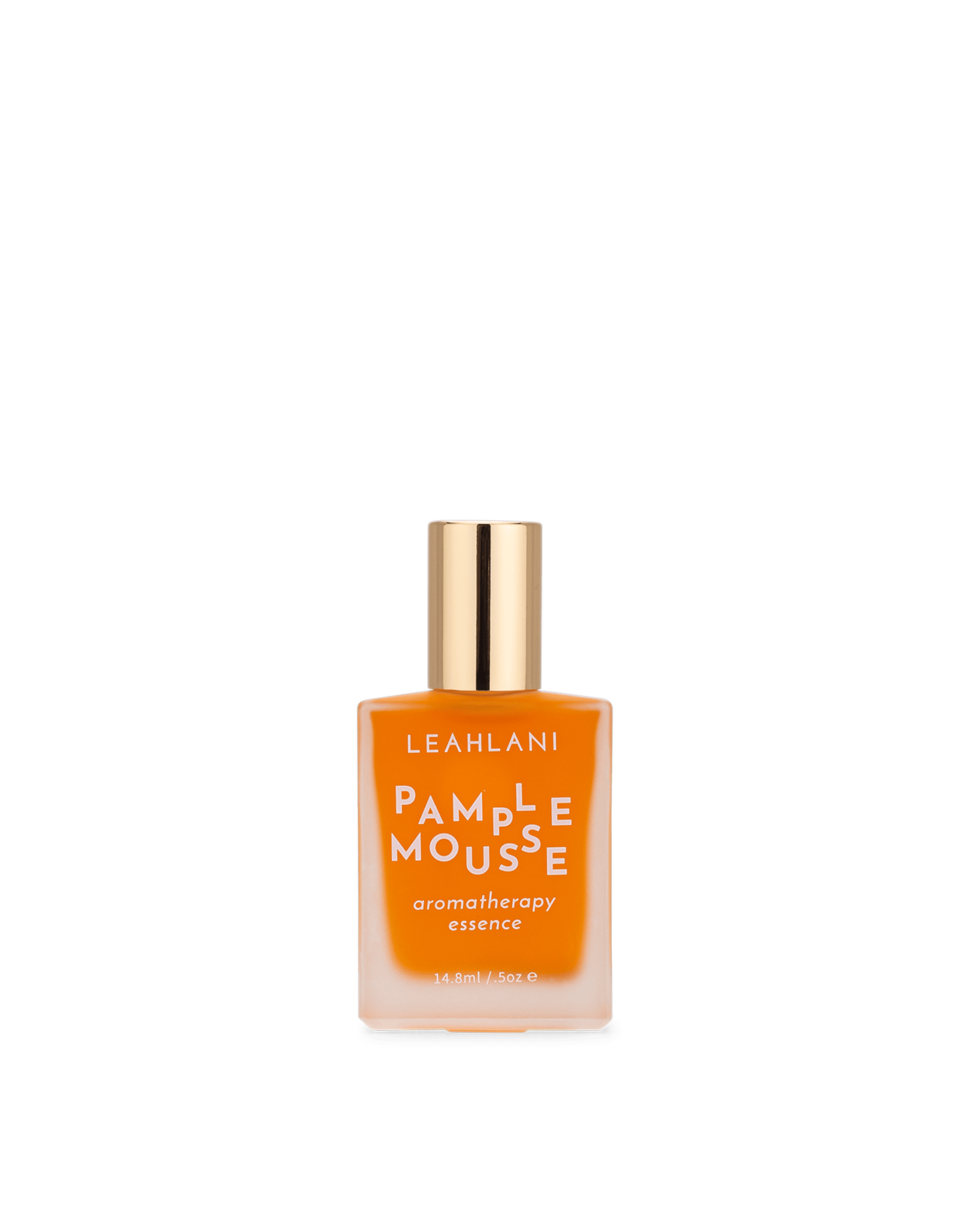 A bottle of LEAHLANI Pamplemousse Aromatherapy Essence, with botanical extracts, an orange label, and a gold cap, displayed on a plain white background.