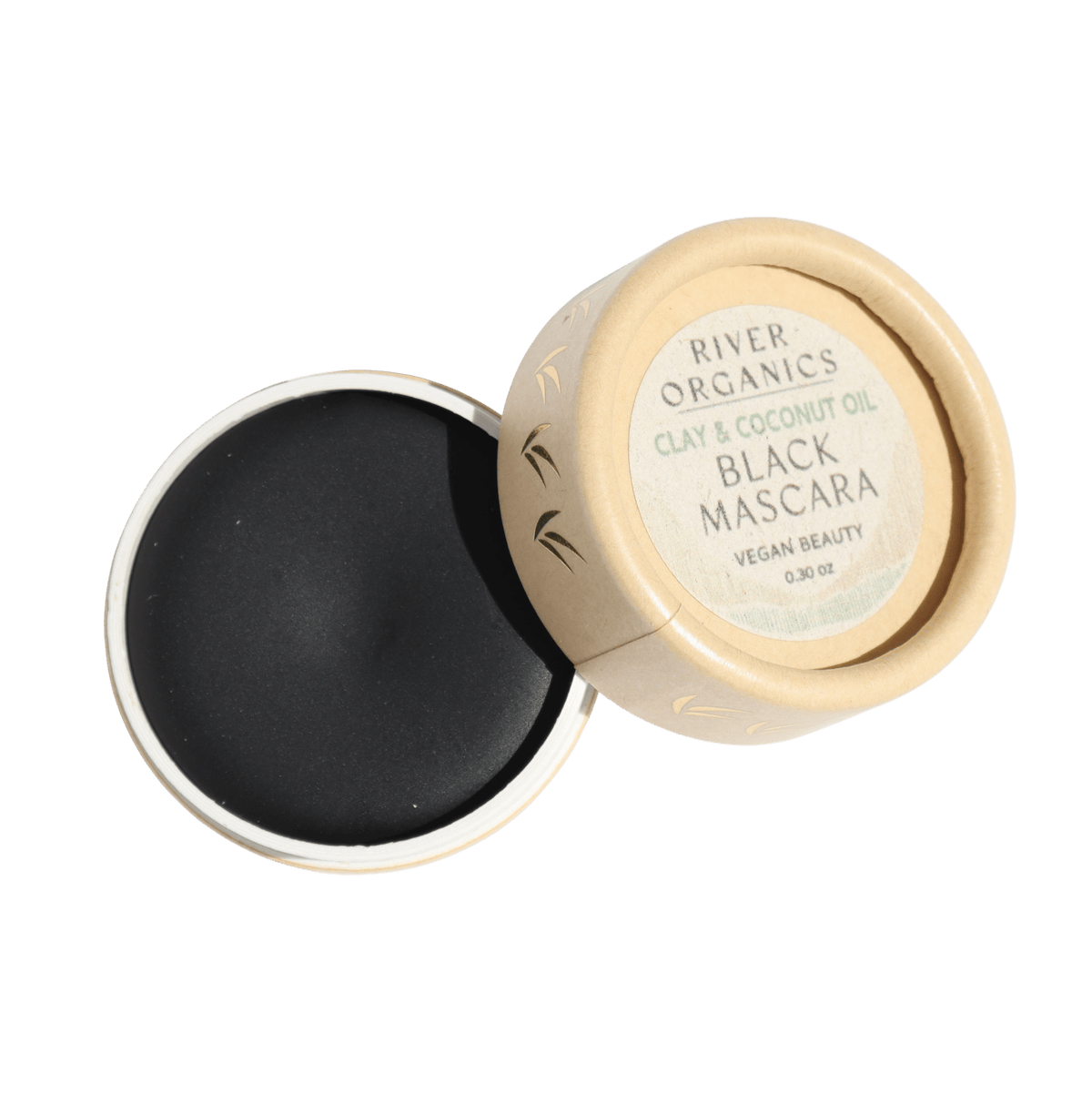 An open round container of River Organics Eye Duo Set: Brow Wax + Zero-waste Mascara shows the black mascara and labeled lid next to its beige, eco-friendly packaging. This vegan set is part of their eye essentials line.