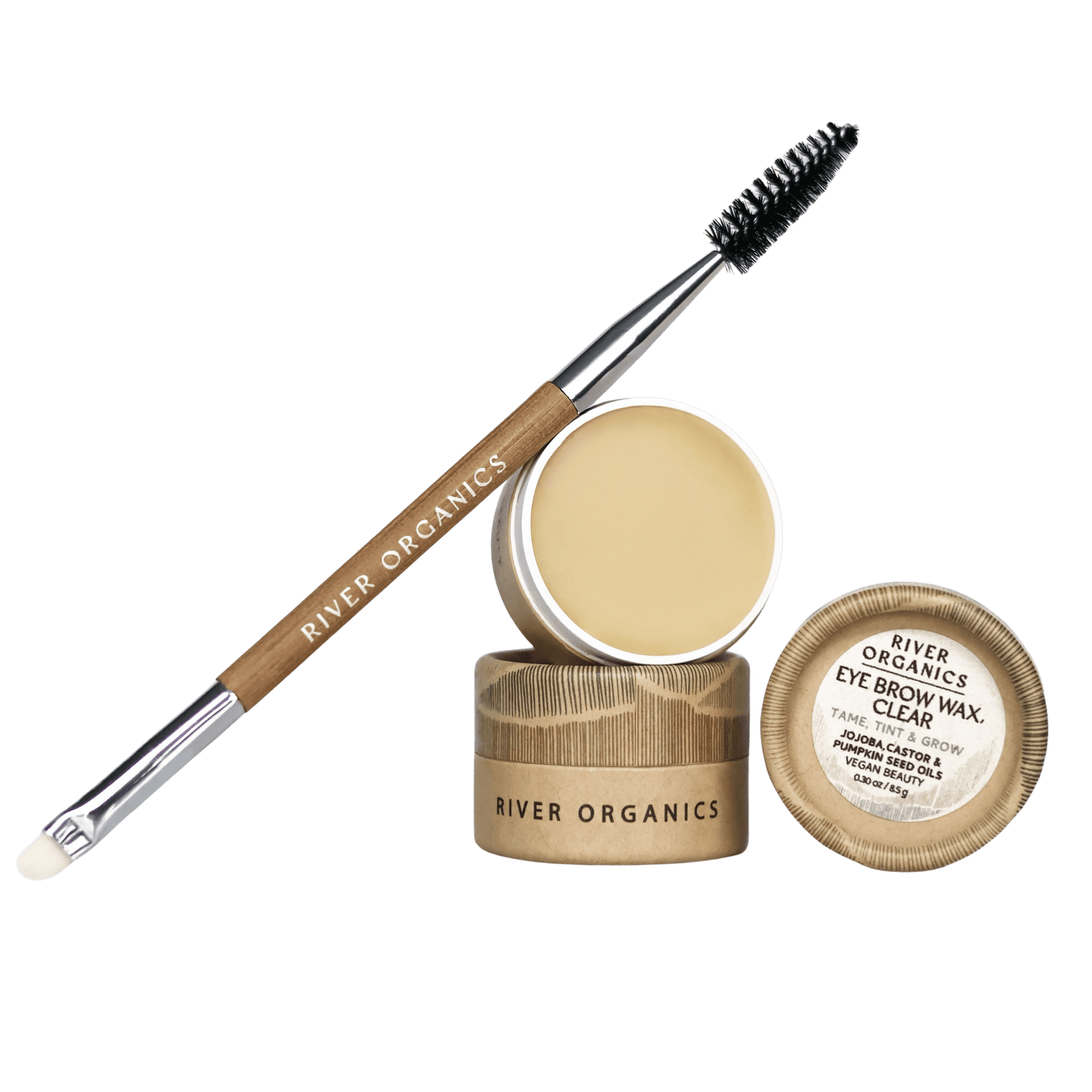 A pot of River Organics Brow Wax & Growth Serum - All Colors with a dual-ended brush on top. The open brow wax reveals the product inside, while the lid displays details—all set against a plain white background.