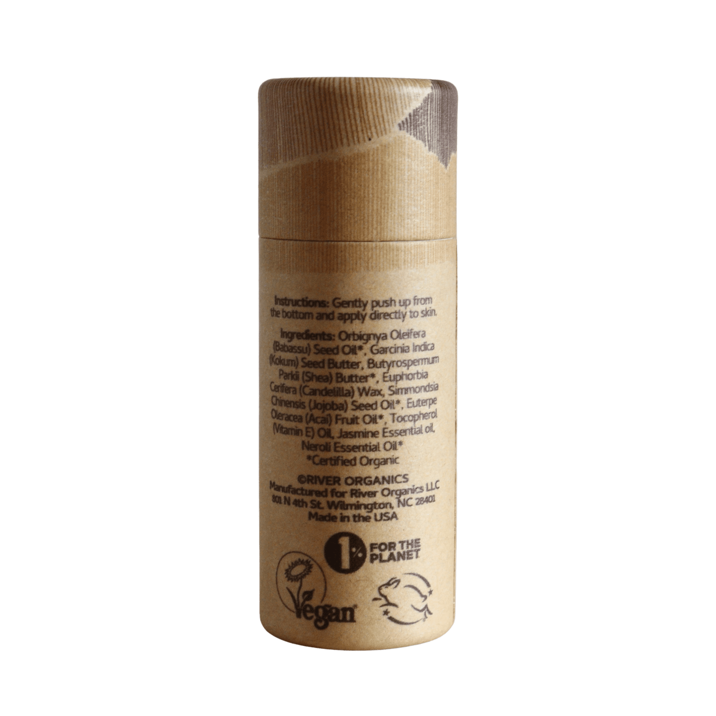 A cylindrical bamboo container of River Organics Flore: Jasmine + Neroli Botanical Scent Balm, with printed instructions, ingredients, certifications, vegan and "1% for the Planet" logos. Scented with natural jasmine and neroli on a white background.