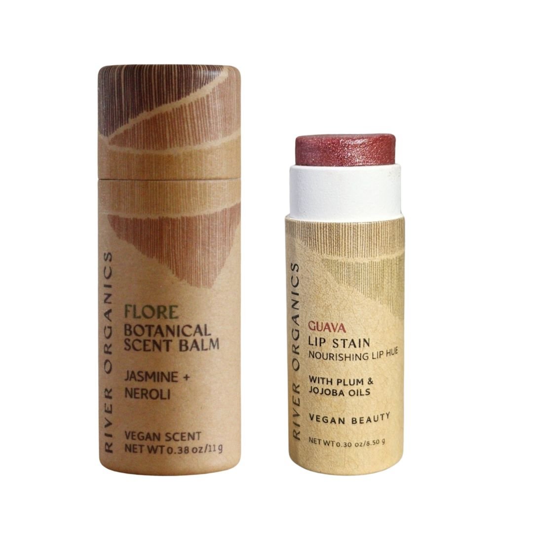 River Organics Lip + Scent Balm Bundle: Flore Botanical Scent Balm (Jasmine + Neroli) and Guava Vegan Lip Balm Stain (plum & jojoba oils) in beige tubes with brown accents—ideal for your botanical ritual.