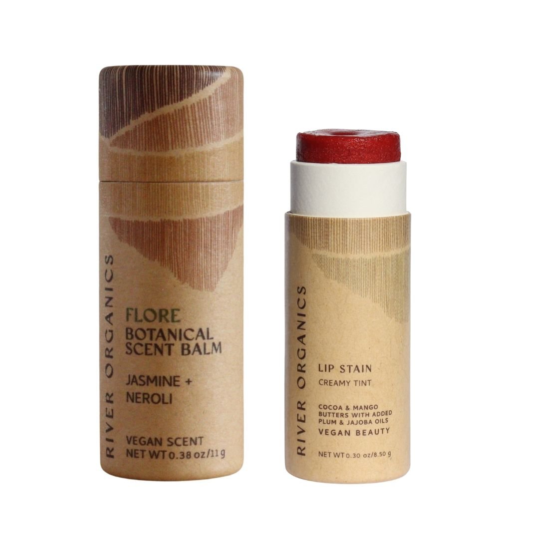 River Organics Lip + Scent Balm Bundle: Flore Botanical Scent Balm (Jasmine + Neroli) capped, and Vegan Lip Stain with red balm exposed—both in eco-friendly packaging for your botanical ritual.