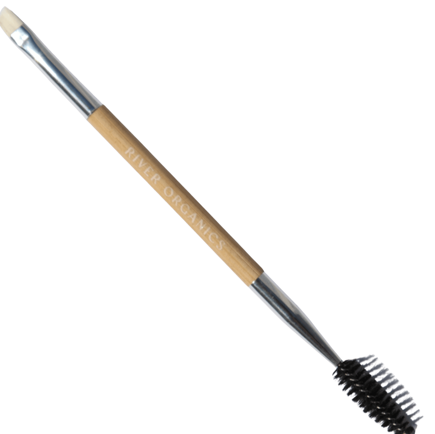 The River Organics Concealer & Brow Duo is a zero-waste vegan beauty set with an angled brush for brow wax and a spoolie, both on a wooden handle for an eco-friendly routine.