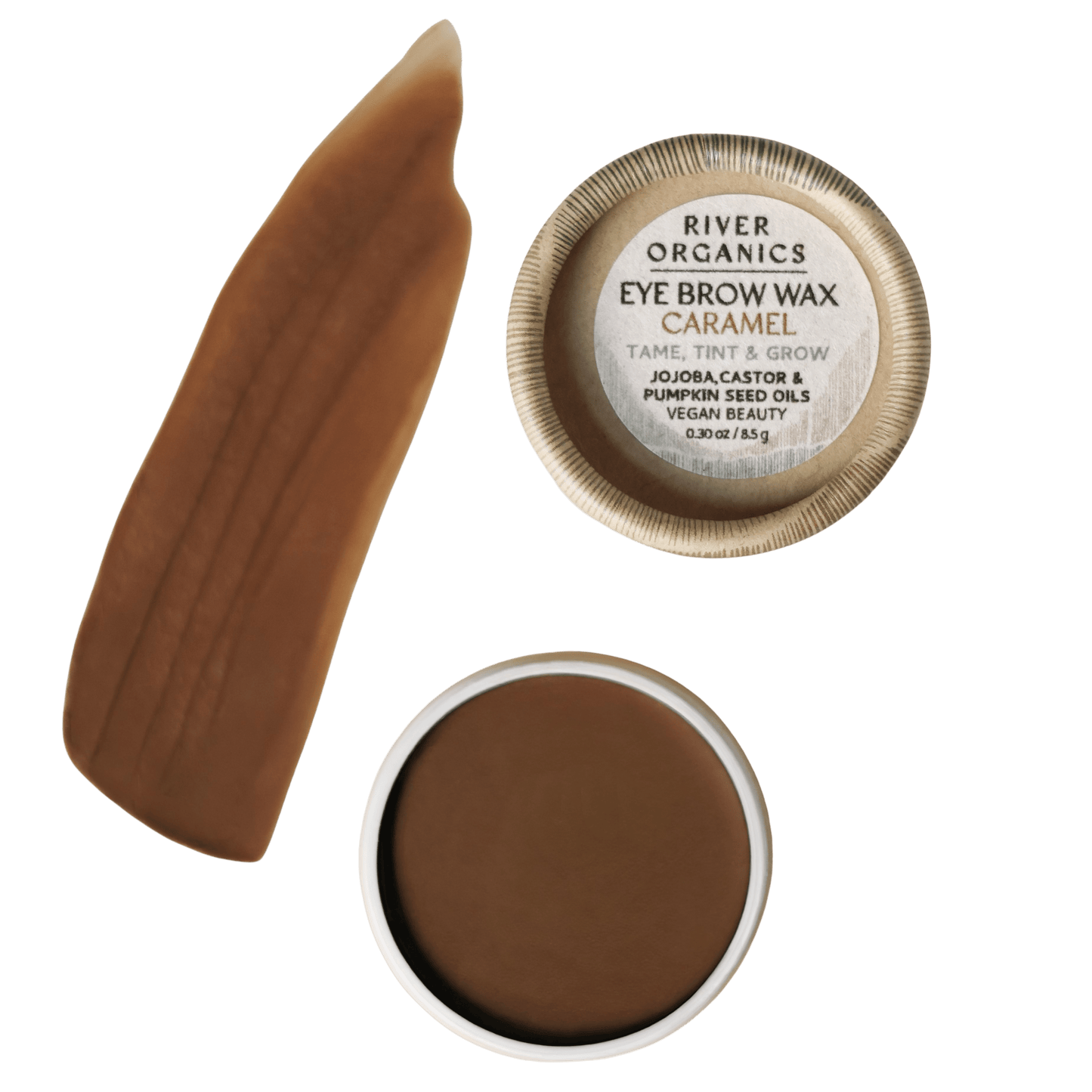 A tin of River Organics Eye Duo Set: Brow Wax + Mascara in caramel, lid off to reveal the smooth brown vegan wax—part of their zero-waste eye essentials—placed beside a product swatch and the detailed product lid.