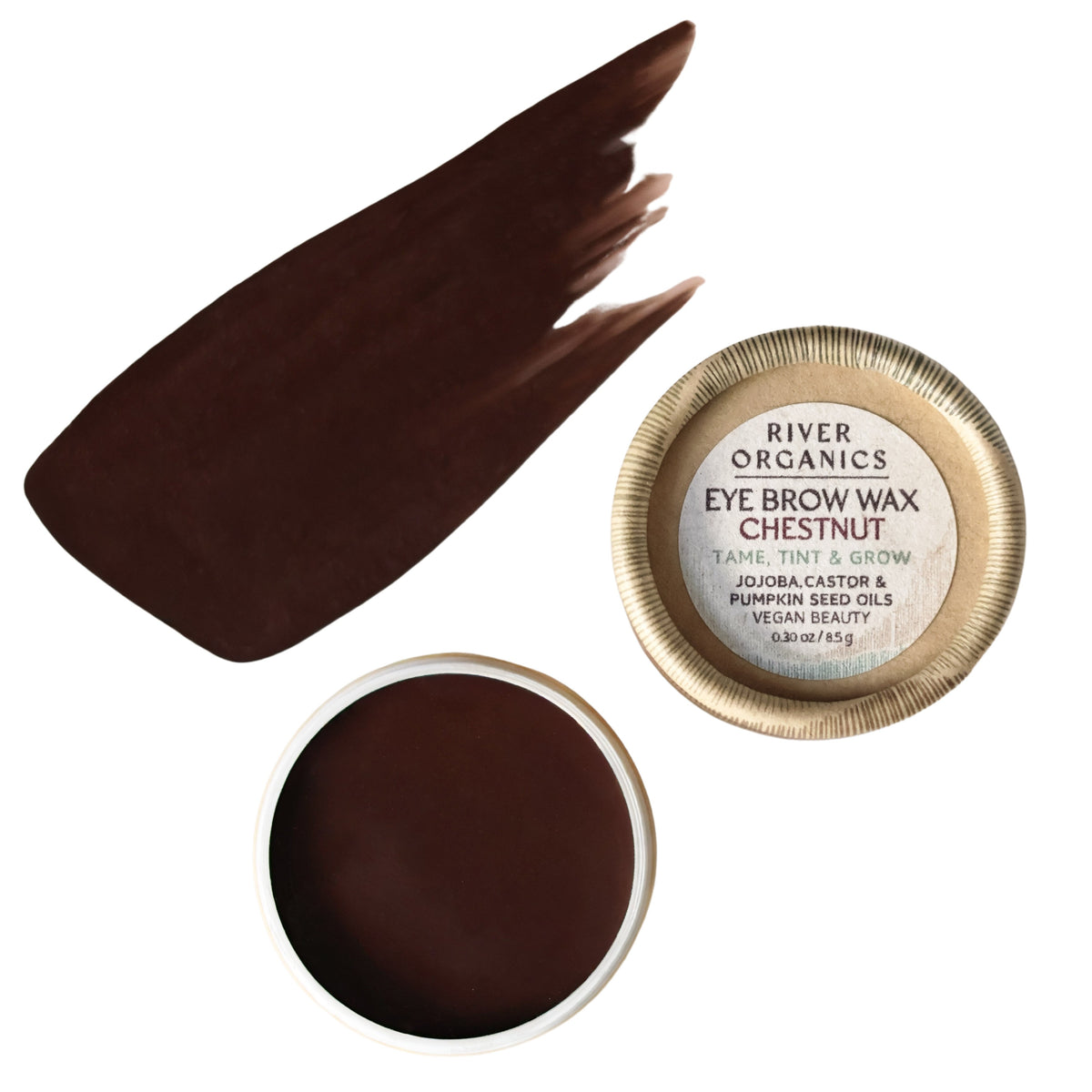Open container of River Organics Eye Duo Set: Brow Wax + Zero-waste Mascara, with a swatch of the dark brown brow wax and the lid displaying product details.