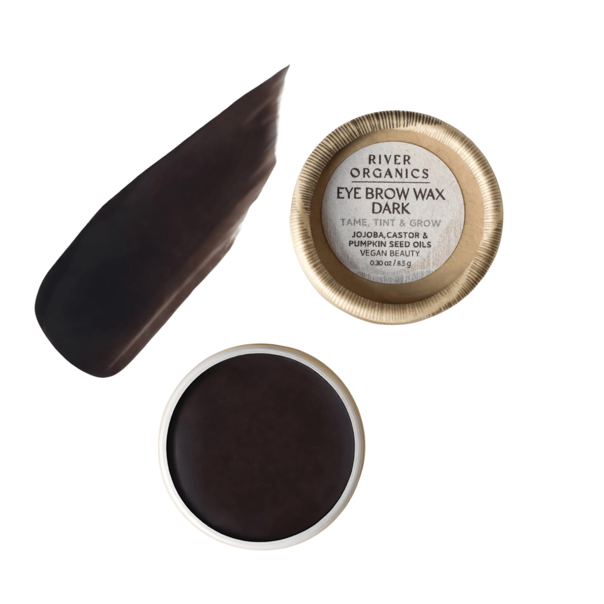 A dark brown River Organics Eye Duo Set: Brow Wax + Zero-waste Mascara comes in a gold-rimmed round container. A wax smear is shown beside—ideal for pairing with your favorite vegan eye essentials.