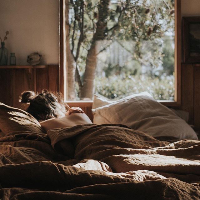 A person with brown hair lies in bed under brown blankets, sunlight streaming into a cozy wood-paneled room gently scented by River Organics' Still Earth: Vetiver + Sandalwood Botanical Scent Balm.
