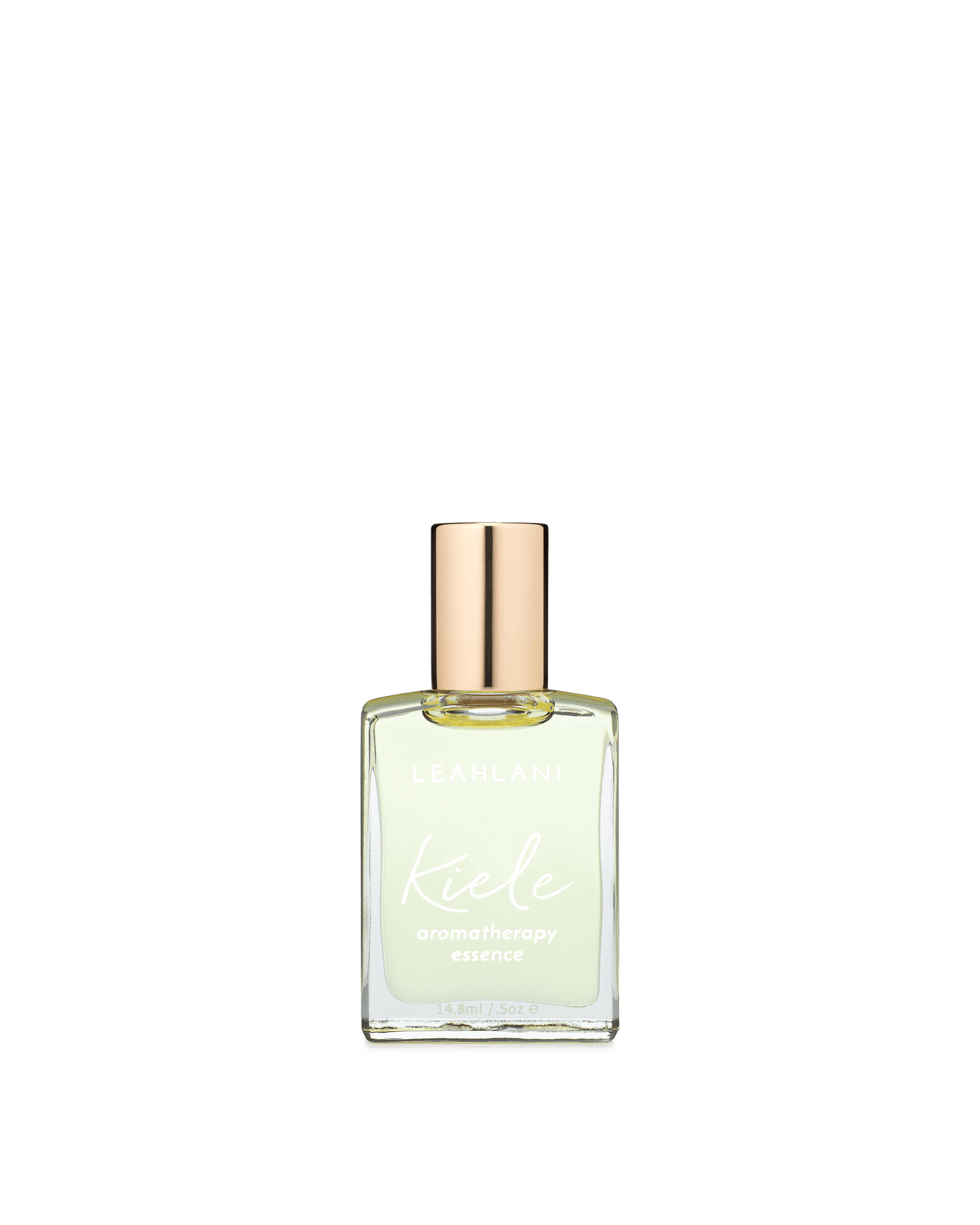 A clear glass bottle of LEAHLANI Kiele Essence of Gardenia with a gold cap holds a light yellow liquid, standing upright on a white background and capturing the scent of white florals in this botanical fragrance.