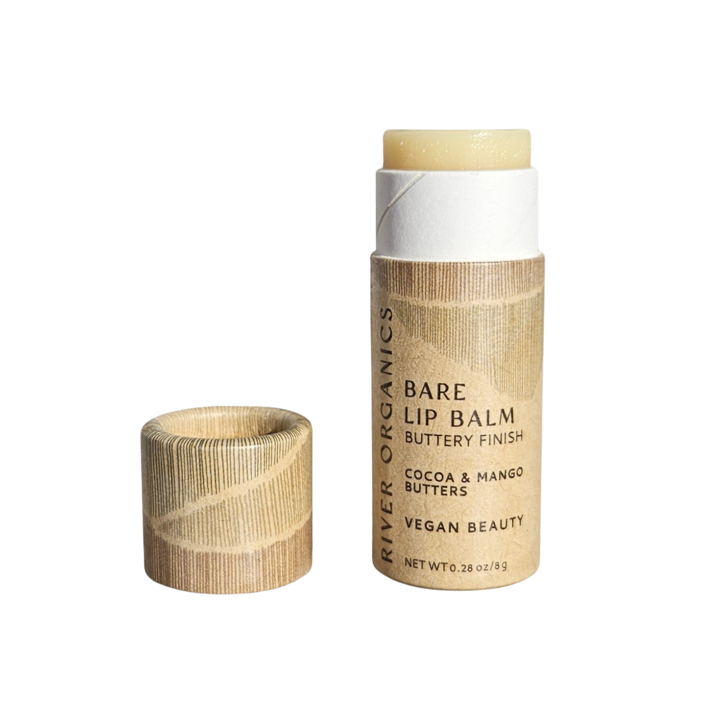 A Bare Vegan Lip Balm by River Organics with its cap off, showing the balm stick. The brown paper tube highlights that it contains cocoa and mango butters and is a vegan option for natural beauty.