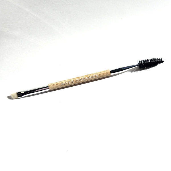 River Organics, Single Bare Wood Brow and Lash Brush with logo and synthetic bristles