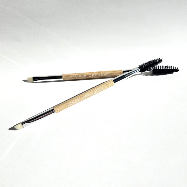 River Organics, Two Bare Wood Brow and LashBrushes with logo and synthetic bristles