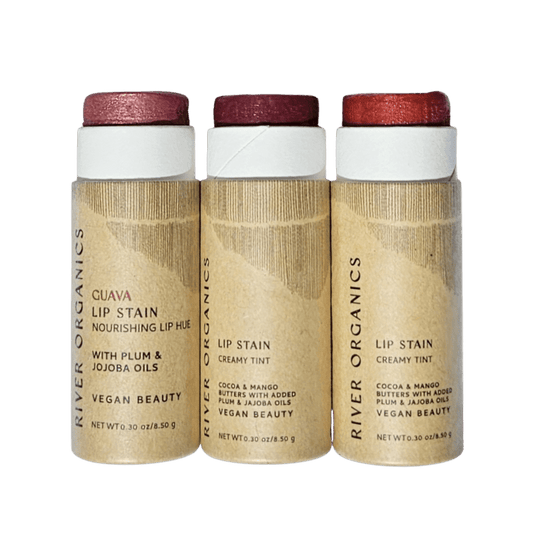 River Organics Lip Stain Sets feature three nourishing, creamy tints made with plum, jojoba, cocoa, and mango butters. These non-toxic stains come in eco-friendly packaging and shades from light pink to deep red.