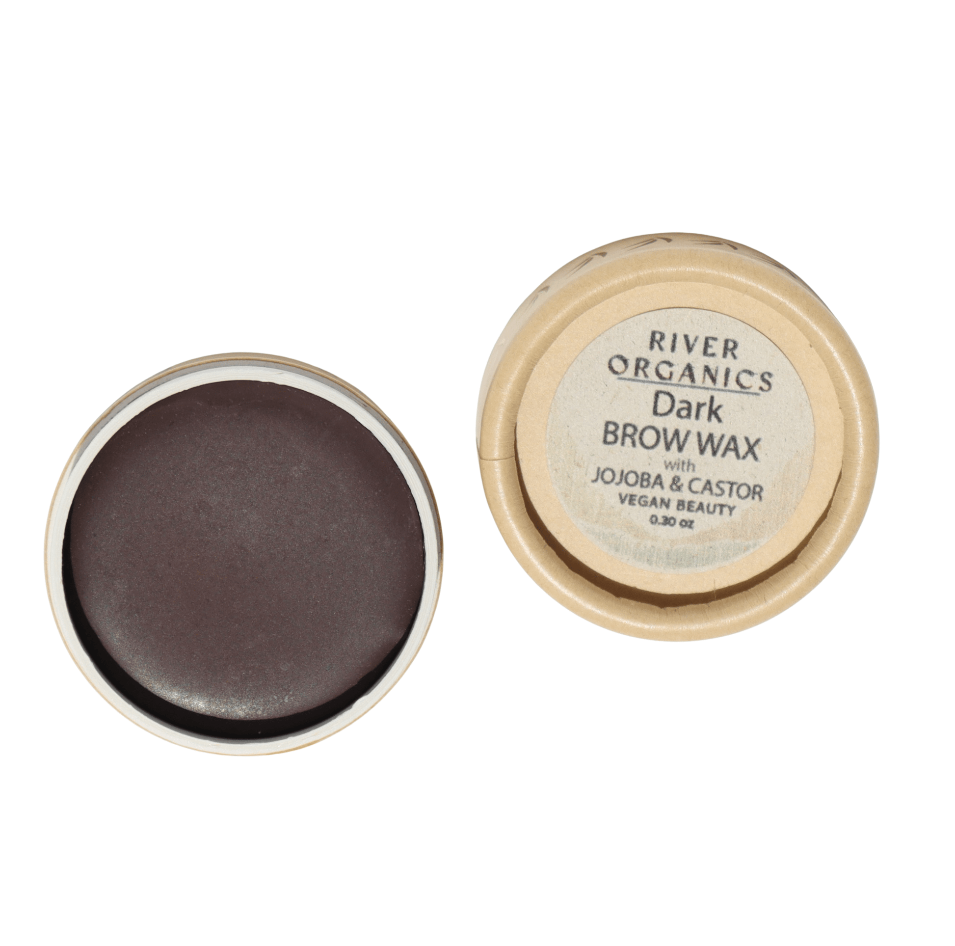 An open container of River Organics Brow Wax - Tame, Tint & Grow, a vegan formula with jojoba and castor oil, sits beside its lid showing the product name. The deep brown wax reflects their dedication to sustainable beauty.