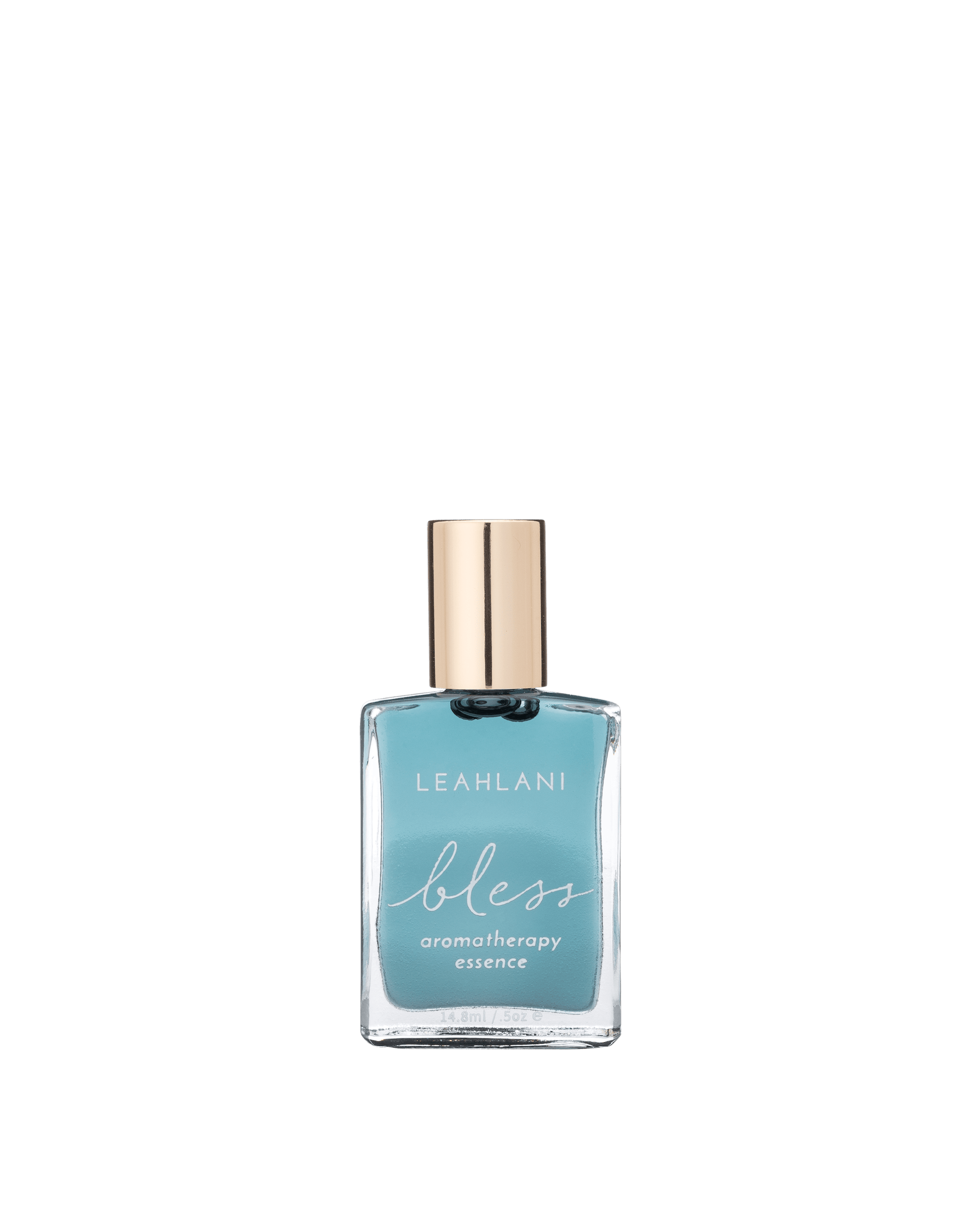 A clear glass bottle of LEAHLANI Bless Aromatherapy Essence, filled with blue liquid and topped with a gold cap, evokes Hawaiian spirit and tropical fragrance, set against a plain white background.