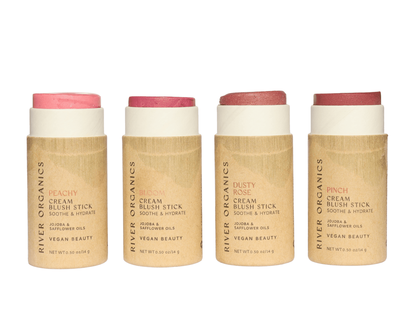 River Organics Creamy Vegan Blush Sticks | Set of 2 Mix & Match come in zero-waste cardboard tubes labeled with shades like Peachy, Bloom, Dusty Rose, and Pinch. The cream blush tops are exposed to showcase their vibrant colors.