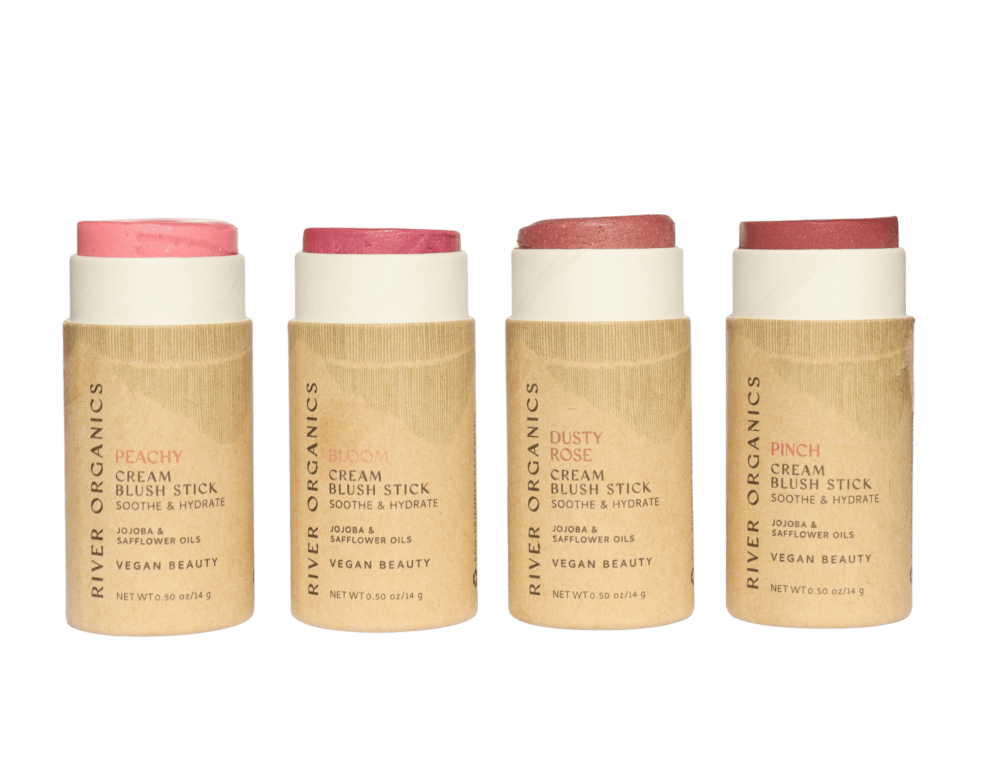 River Organics Creamy Vegan Blush Sticks | Set of 2 Mix & Match come in zero-waste cardboard tubes labeled with shades like Peachy, Bloom, Dusty Rose, and Pinch. The cream blush tops are exposed to showcase their vibrant colors.