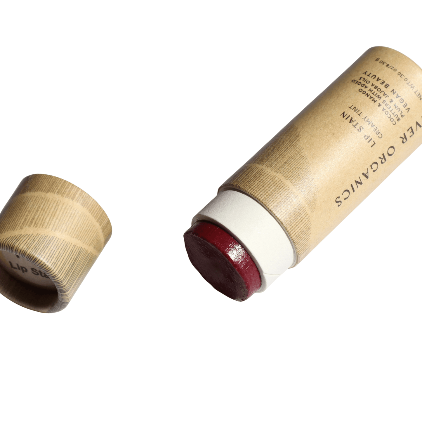 The Vegan Lip Stain - Fig by River Organics features a cylindrical design with a brown cap, revealing a deep red inside. Its simple packaging highlights "organic" in earthy tones, and the cap and tube stand out on a white background, epitomizing Sustainable Beauty.