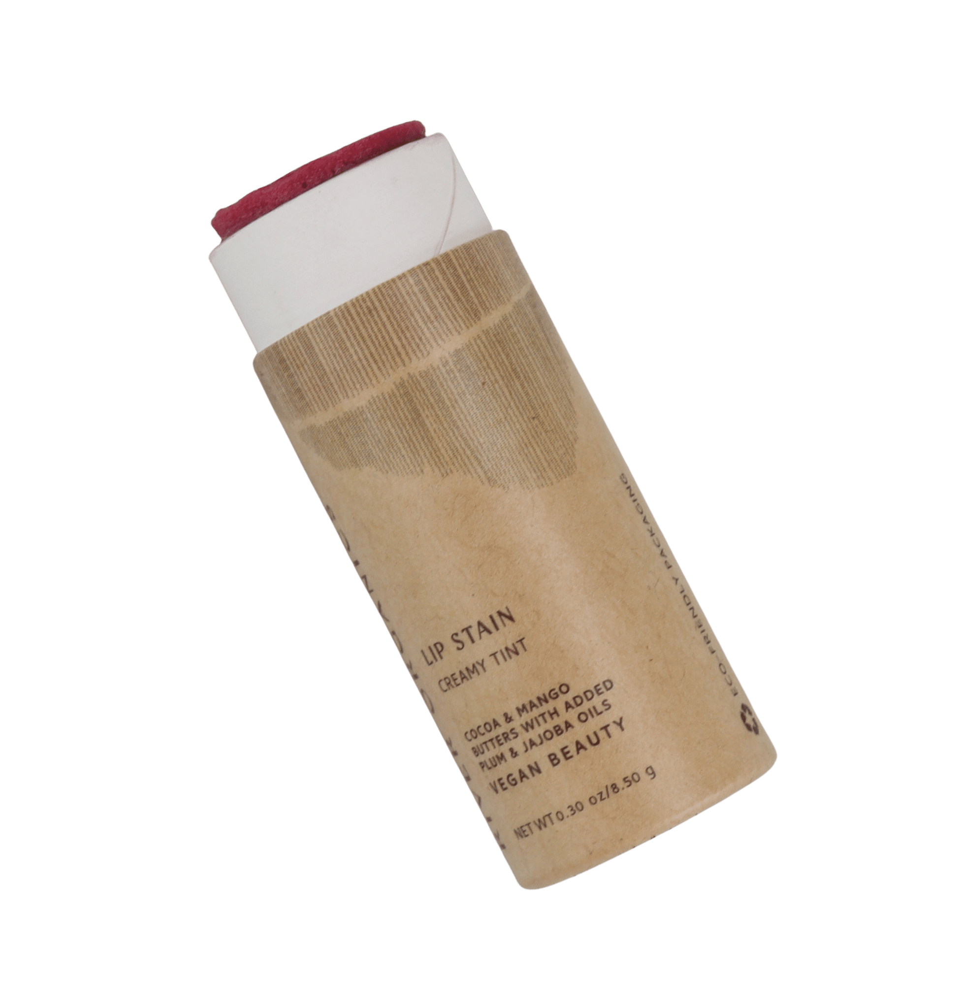 A partially uncapped tube from River Organics' Lip Stain Sets is shown in eco-friendly cardboard packaging. The label lists organic ingredients and highlights this creamy pink, non-toxic, vegan beauty product.
