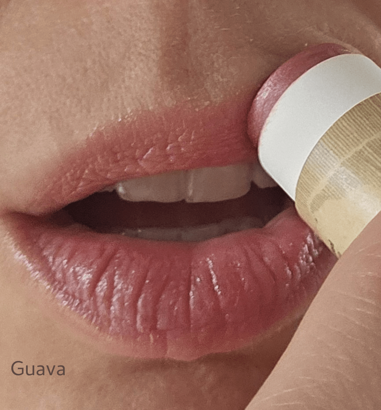Close-up of someone applying a pinkish-mauve River Organics Lip Stain Set to their lips. "Guava" appears in the bottom left, likely indicating the shade name.