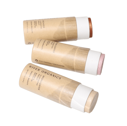 The River Organics Highlighter and Bronzer Set includes three eco-friendly sticks in natural cardboard tubes for a radiant, glowy finish—non-toxic makeup with simple, sustainable packaging.