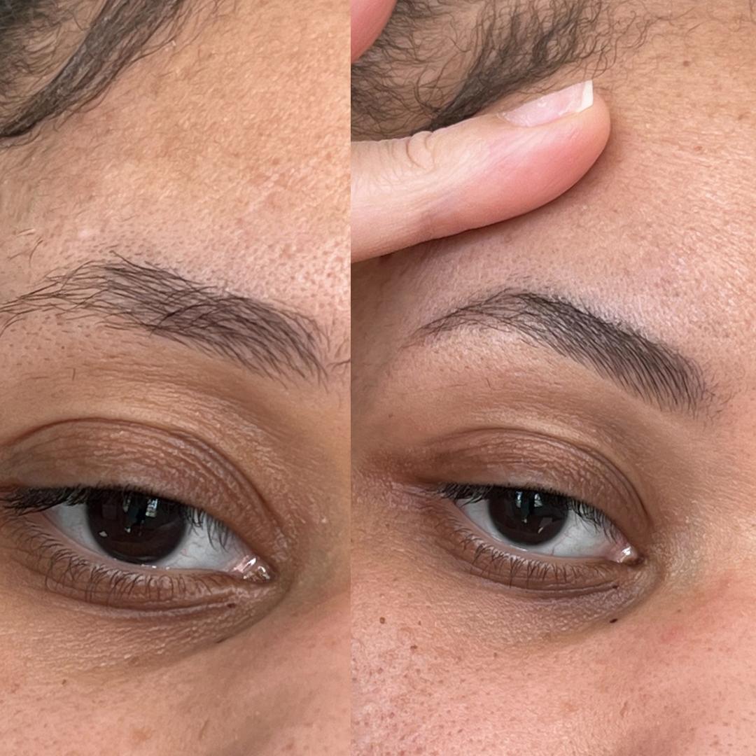 Close-up comparison of an eyebrow before and after using River Organics' Dark Vegan Shaping Eyebrow Wax. The left shows a natural brow, while the right displays a well-defined, groomed look. A hand lifts the skin above the right brow, emphasizing sustainable beauty solutions.