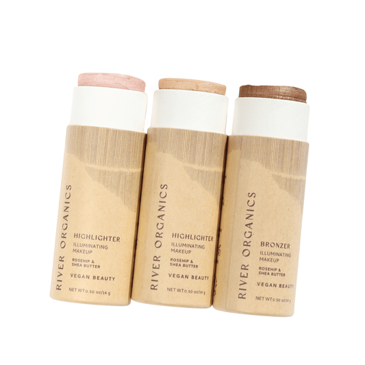 River Organics' Highlighter and Bronzer Set includes three eco-friendly, long-wear cylindrical sticks in earthy tones. Packaged in cardboard tubes, these vegan beauty products use non-toxic ingredients for a natural glow.