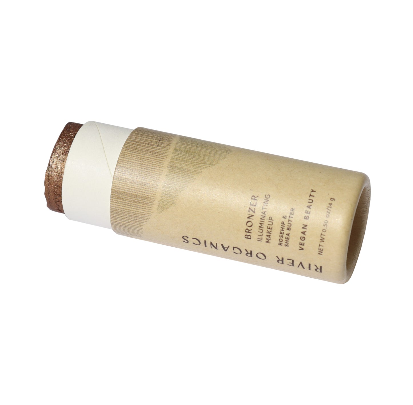 The Shimmery Face and Body Bronzer Stick by River Organics is a cylindrical makeup stick in rich brown with eco-friendly packaging. It's labeled "vegan beauty" and "net wt 0.5 oz / 15 g," ideal for conscious consumers appreciating vegan ingredients.