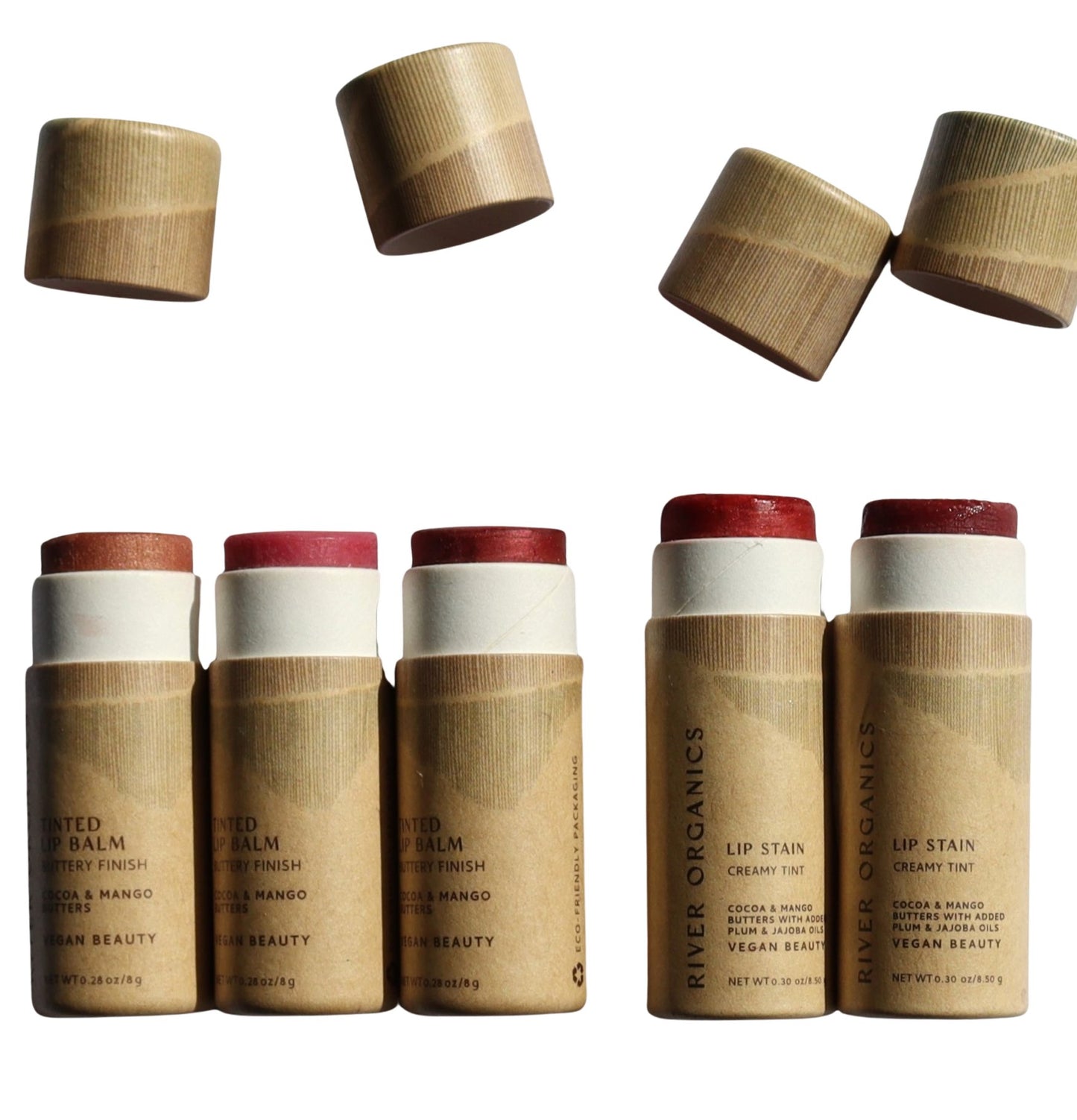 A set of 2 River Organics lip balms or lip stains features a vegan formula. Each product shows flavors and comes in organic, ultra-hydrating options. Wooden caps are displayed on and off, revealing diverse shades.