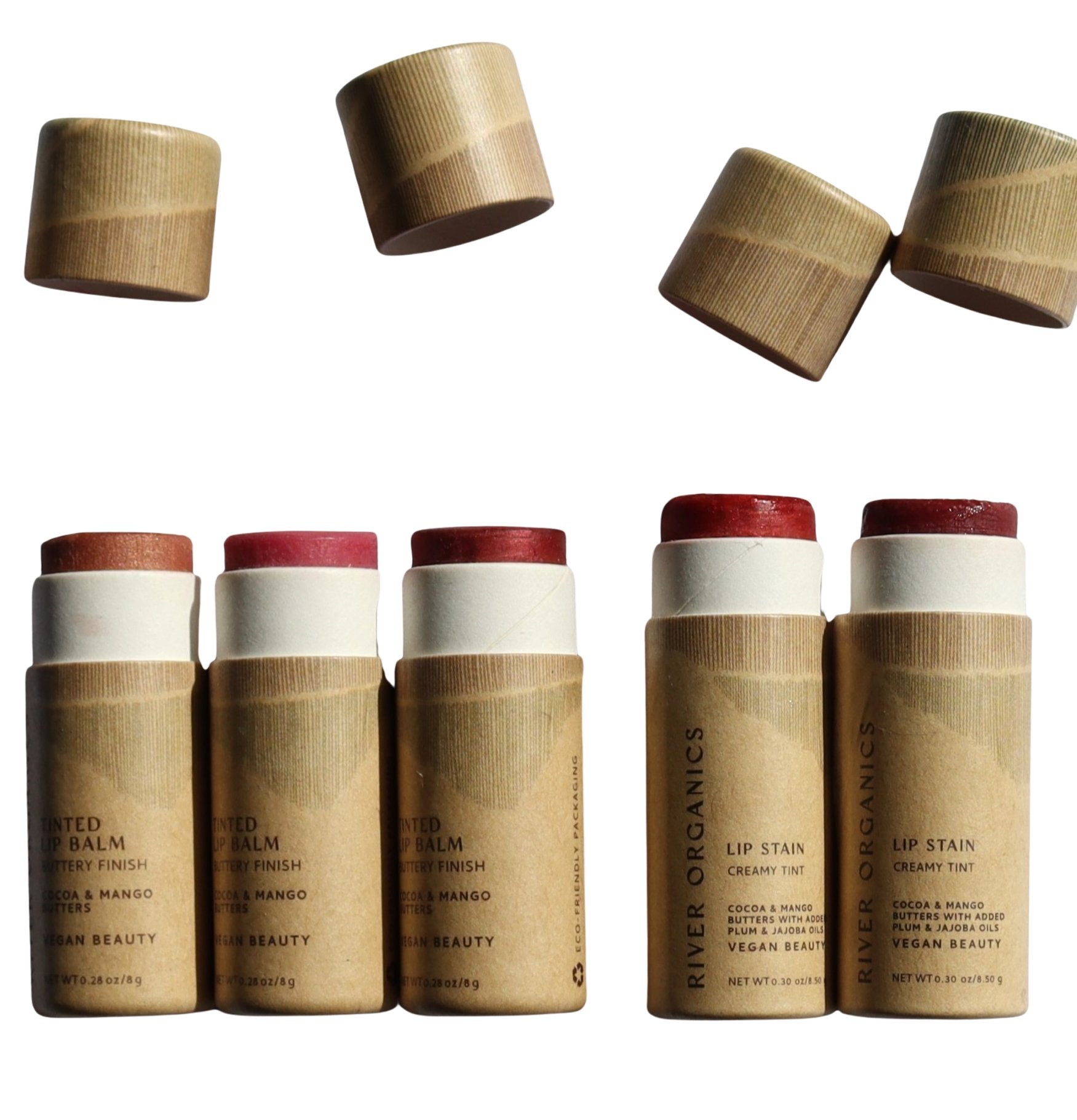 A set of 2 River Organics lip balms or lip stains features a vegan formula. Each product shows flavors and comes in organic, ultra-hydrating options. Wooden caps are displayed on and off, revealing diverse shades.
