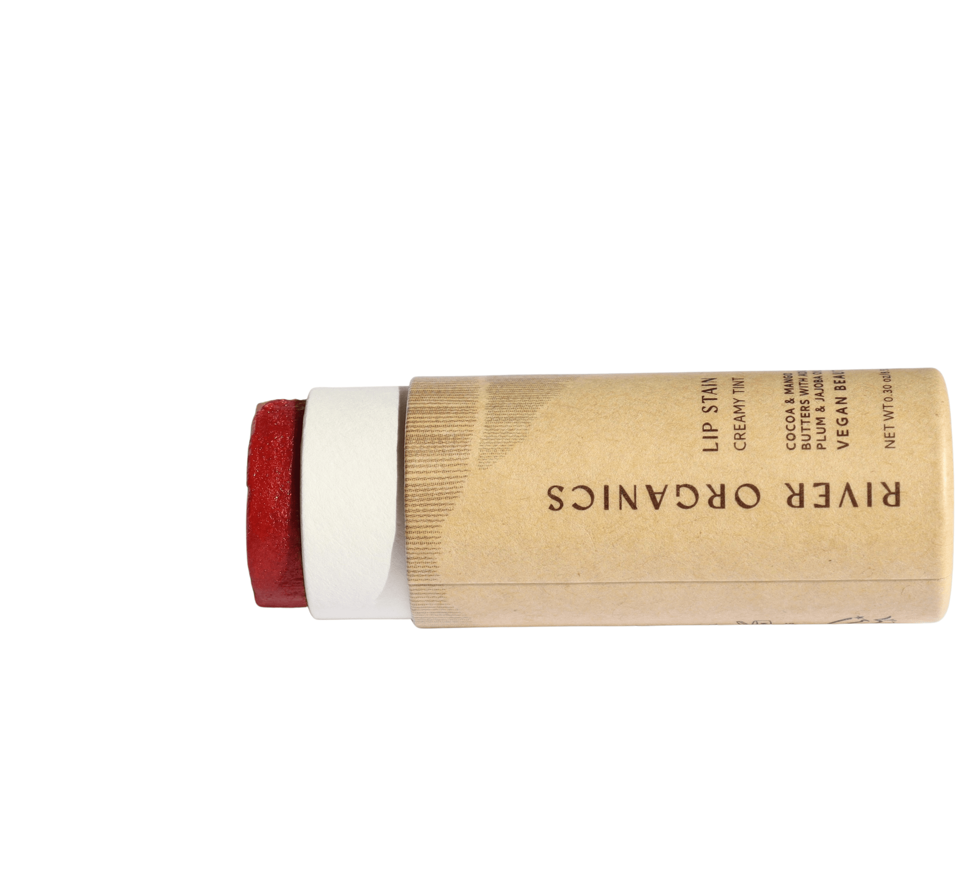 A red shade, natural lip stain comes in a cardboard tube with a label reading "River Organics." It highlights the product as Vegan Lip Stains, focusing on being organic, cruelty-free, and promoting sustainable beauty practices.