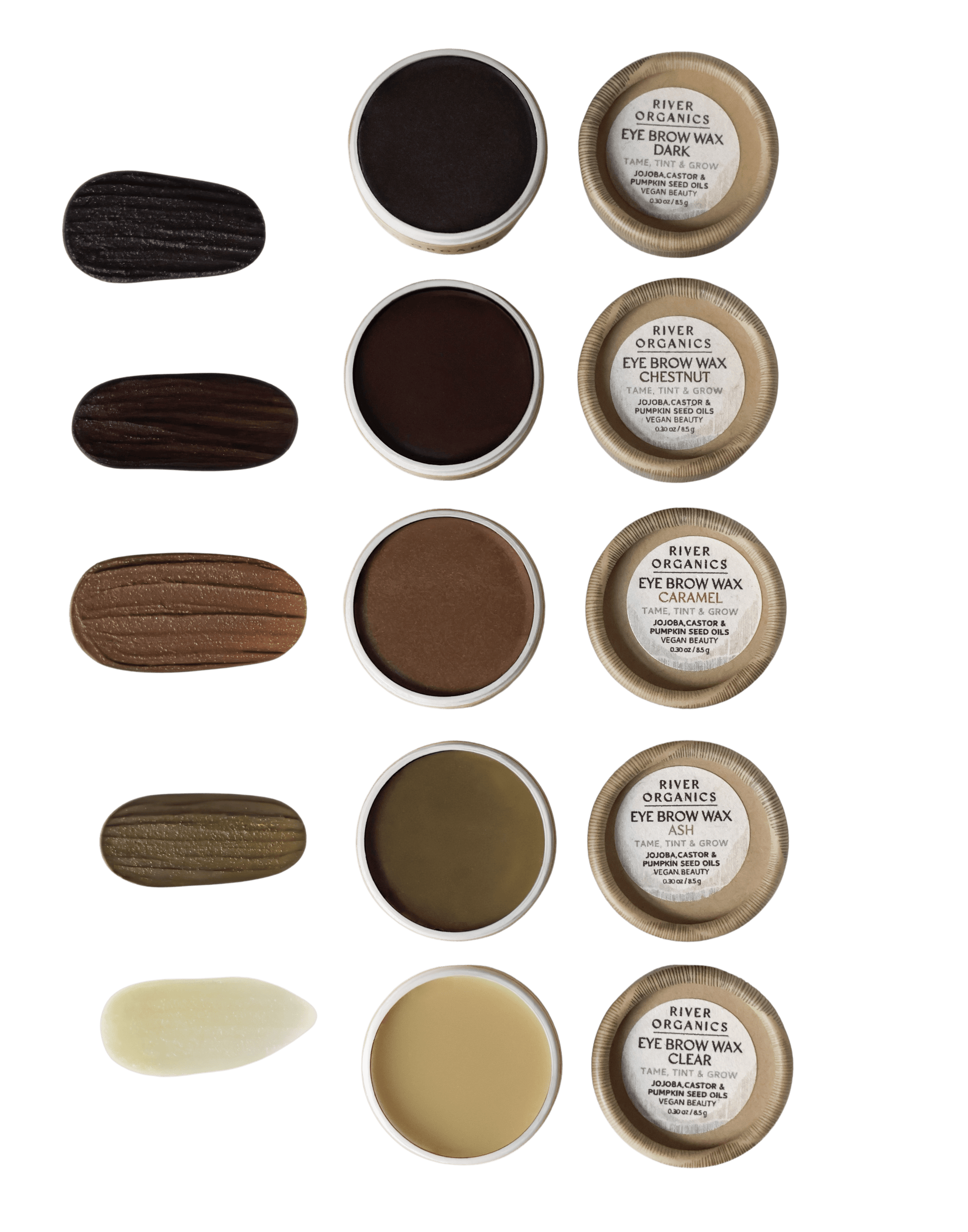 Four shades of River Organics Brow Wax & Growth Serum—Dark, Chestnut, Cream, and Clear—are shown in open containers with labeled lids and swatches. The vegan formula ranges from deep brown to light tan to transparent.