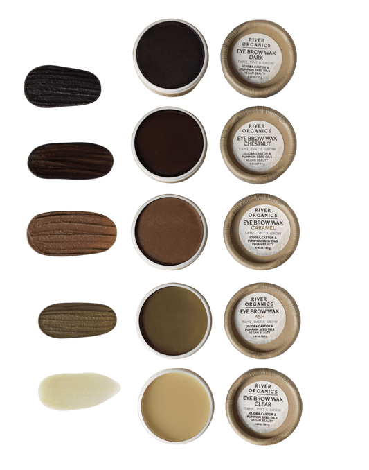 Four shades of River Organics Brow Wax & Growth Serum—Dark, Chestnut, Cream, and Clear—are shown in open containers with labeled lids and swatches. The vegan formula ranges from deep brown to light tan to transparent.