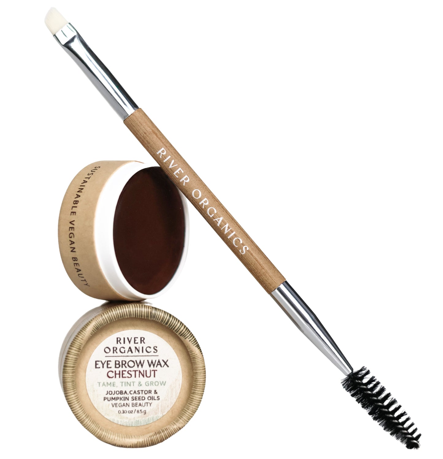 The River Organics Imperfect Brow Wax & Growth Serum is pictured in Chestnut, with a vegan brow brush featuring a spoolie and angled tip, alongside two open jars on a white background.