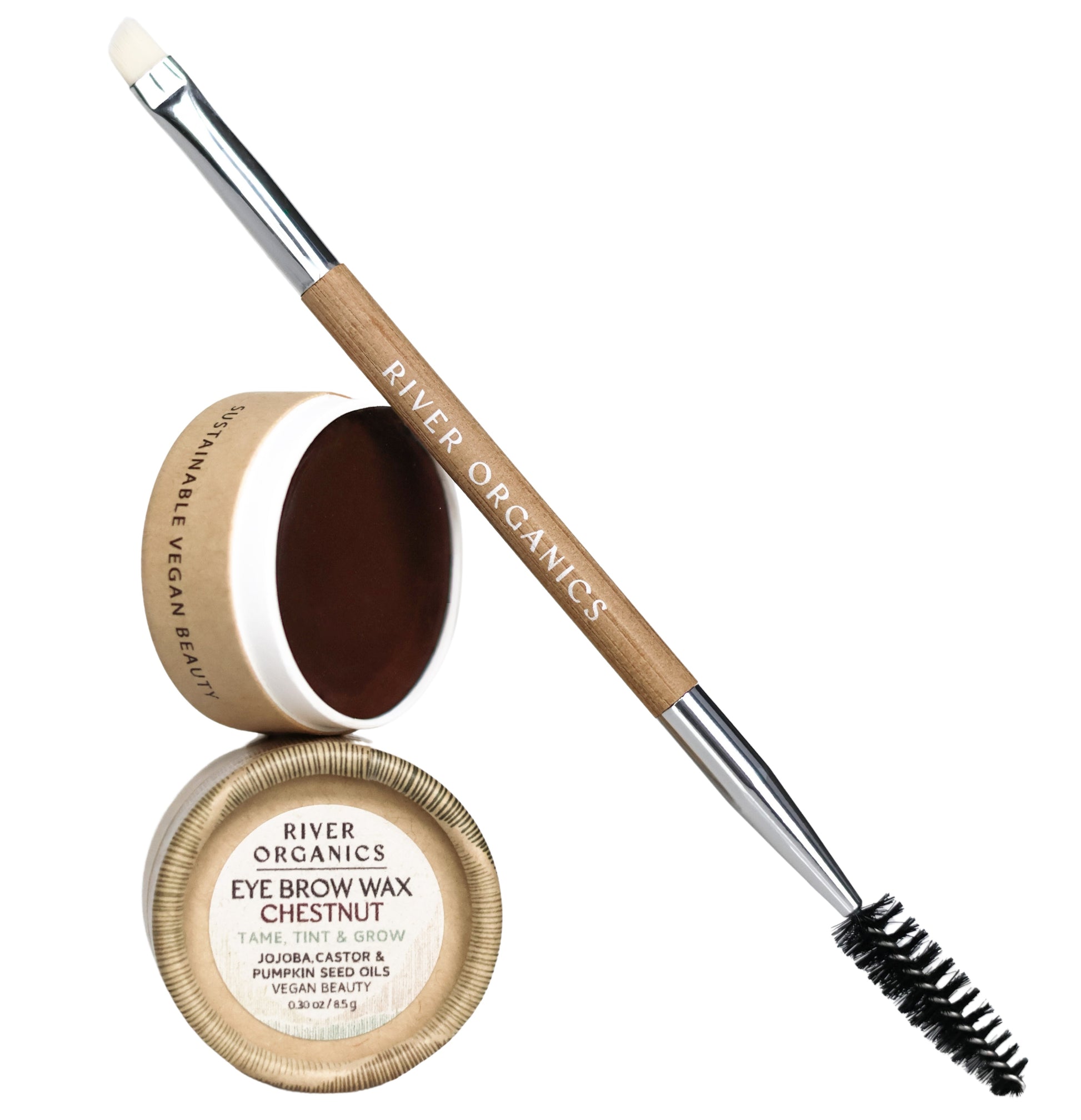 The River Organics Imperfect Brow Wax & Growth Serum is pictured in Chestnut, with a vegan brow brush featuring a spoolie and angled tip, alongside two open jars on a white background.
