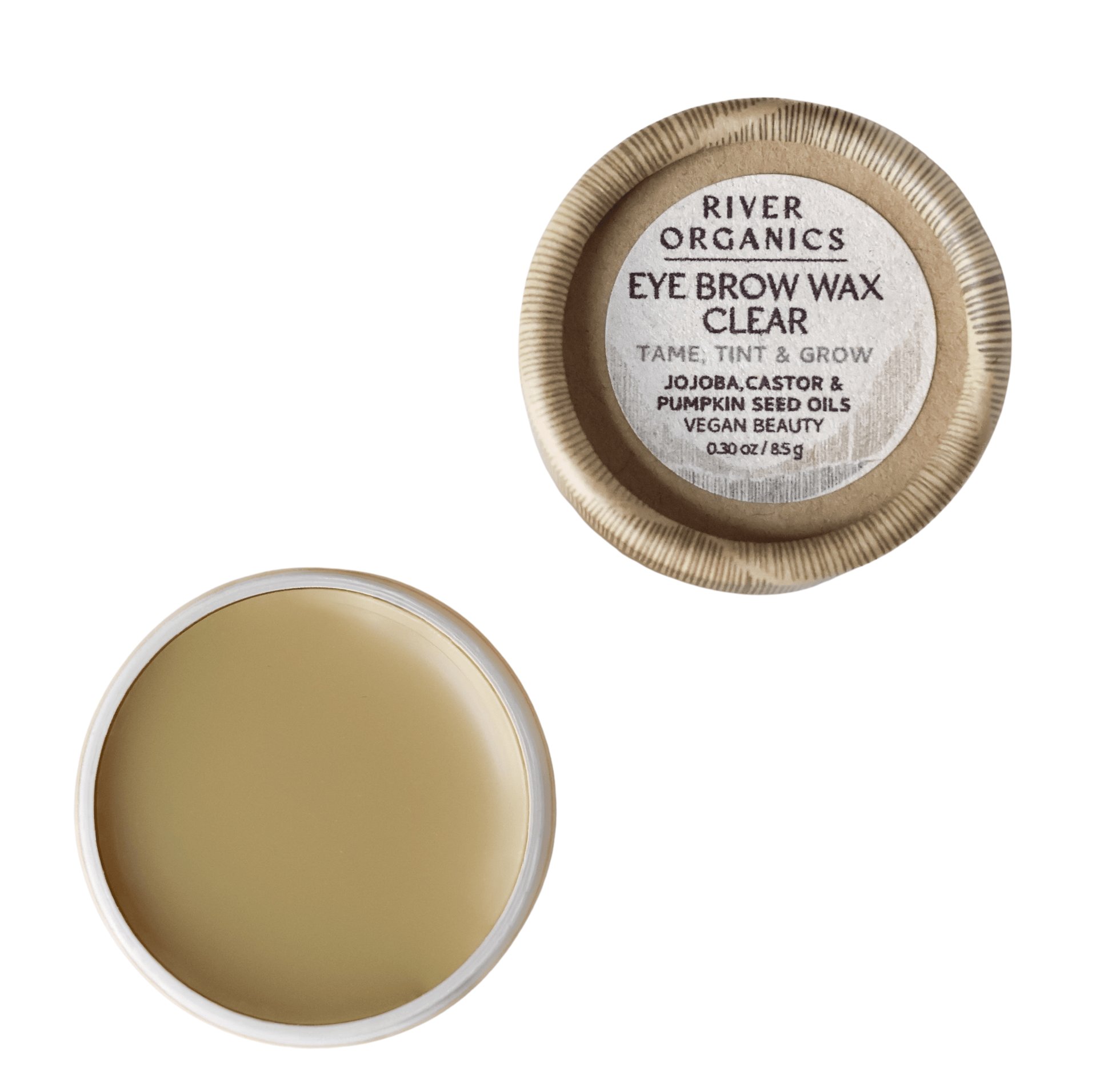 Open tin of Imperfect Brow Wax & Growth Serum by River Organics next to its lid—your vegan brow product with jojoba, castor, and pumpkin seed oils for natural hold, nourishment, and growth.