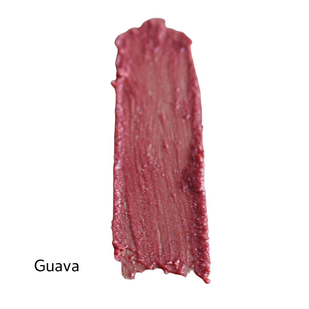 A swatch of shimmery mauve-pink River Organics Vegan Lip Stain on a white background, labeled "Guava" in black text at the bottom left.